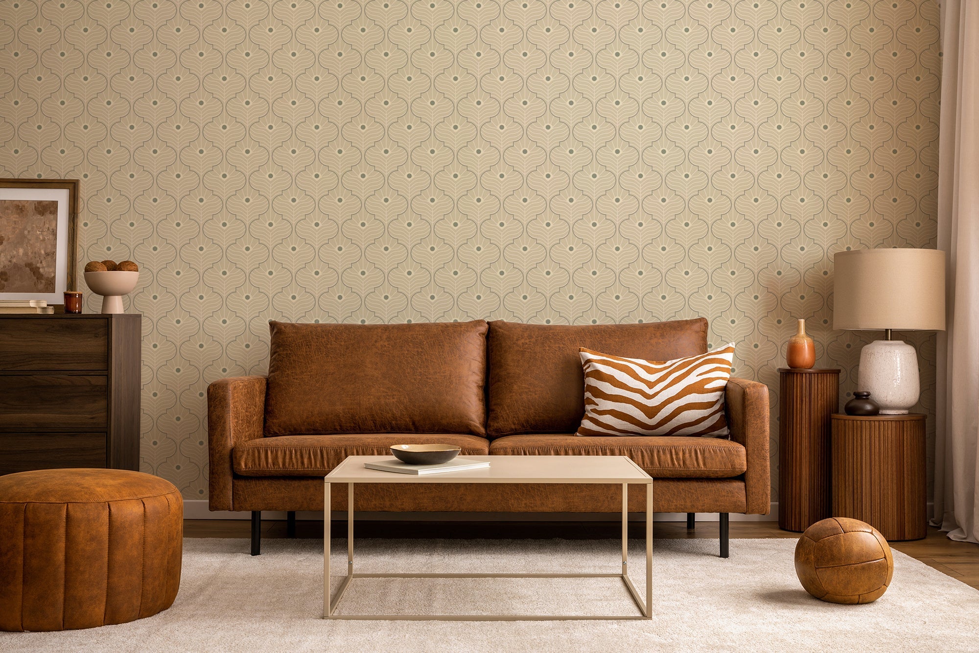 Boho wallpaper with a modern, elegant design featuring golden fan shapes on a dark, textured background. Ideal for adding a chic, bohemian flair to any living space.