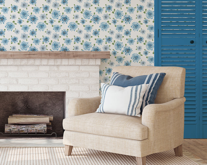 Fifty States Hydrangea - Blue Floral Wallpaper by Honey + Hank