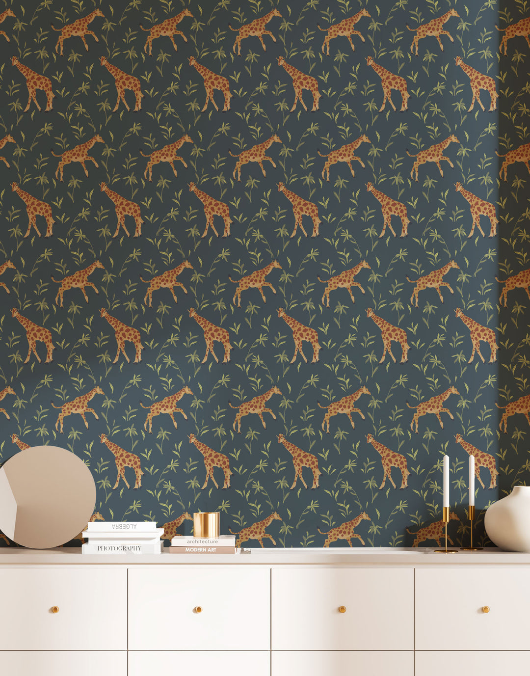 Gentle Giraffe - Denim Garden Wallpaper by Blessed Little Bungalow