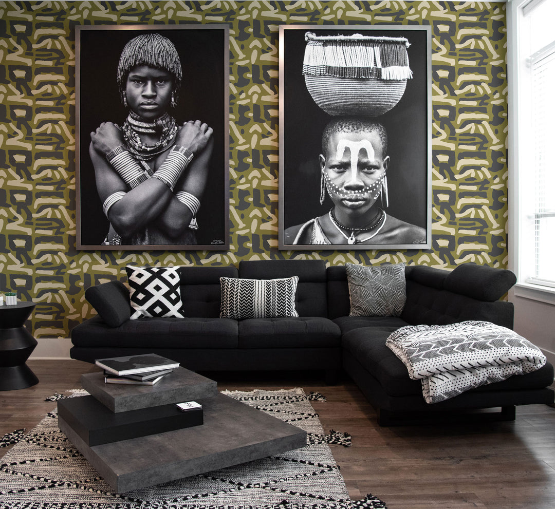 Tribal Traditions - Olive Charcoal Wallpaper by Blessed Little Bungalow