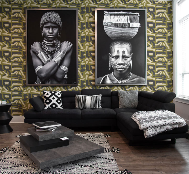 Tribal Traditions - Olive Charcoal Wallpaper by Blessed Little Bungalow