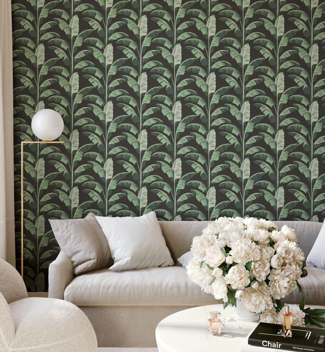 Banana Leaf - Black Green Wallpaper