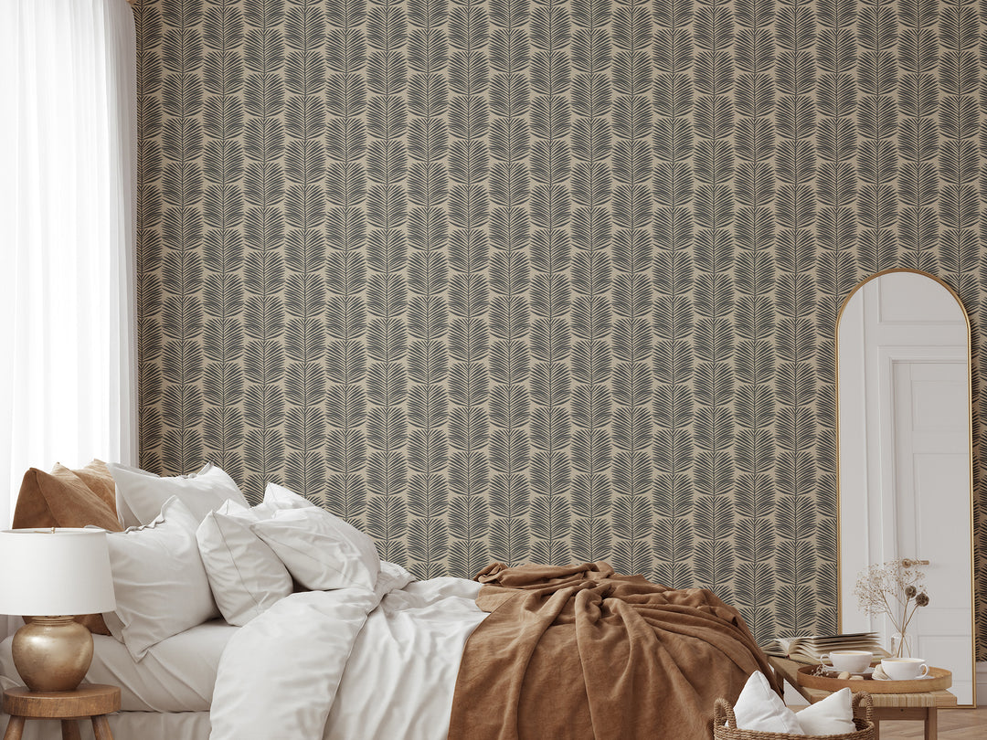 Betty White Palm Leaves - Camel Floral Wallpaper