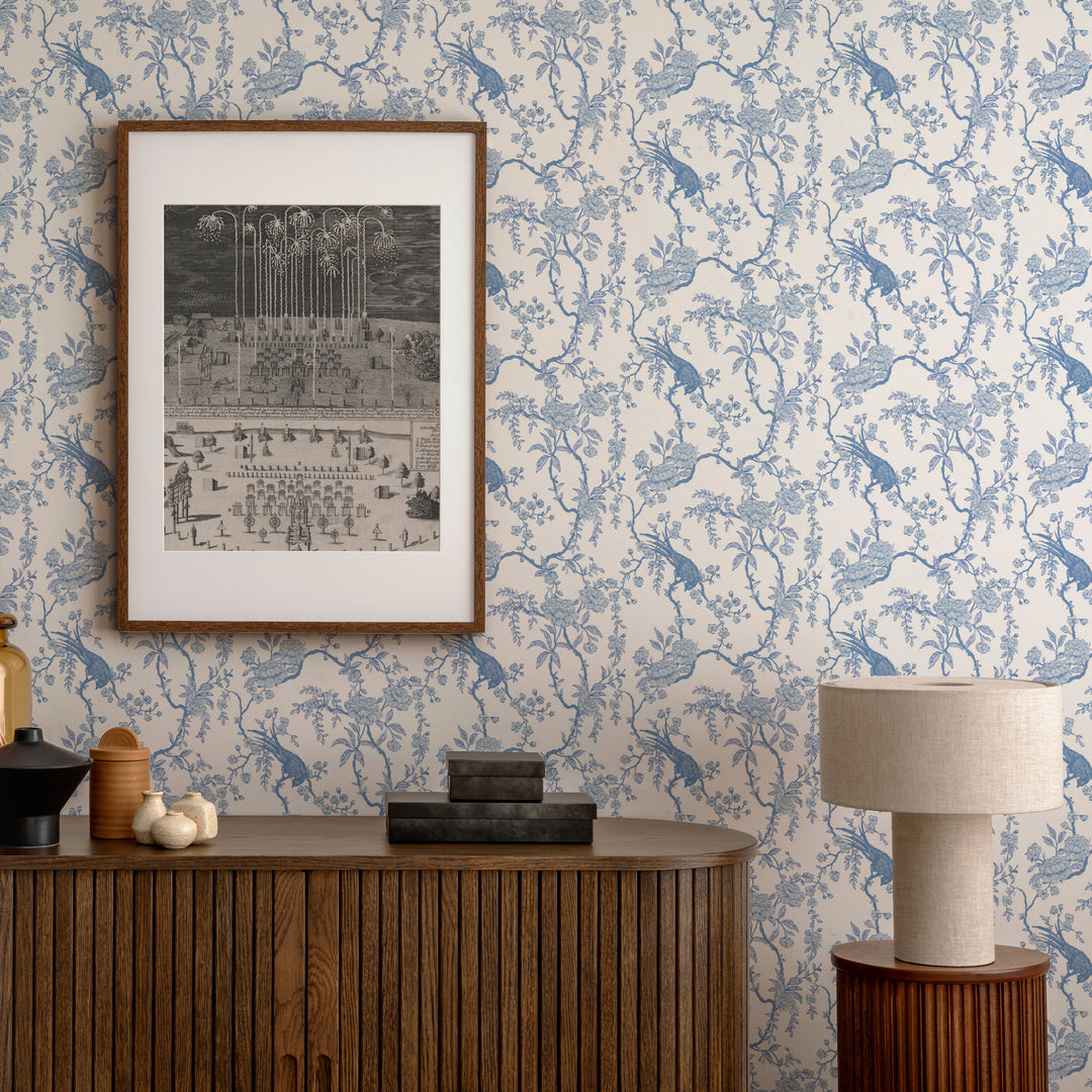 Floral Bird Toile - Blue Wallpaper