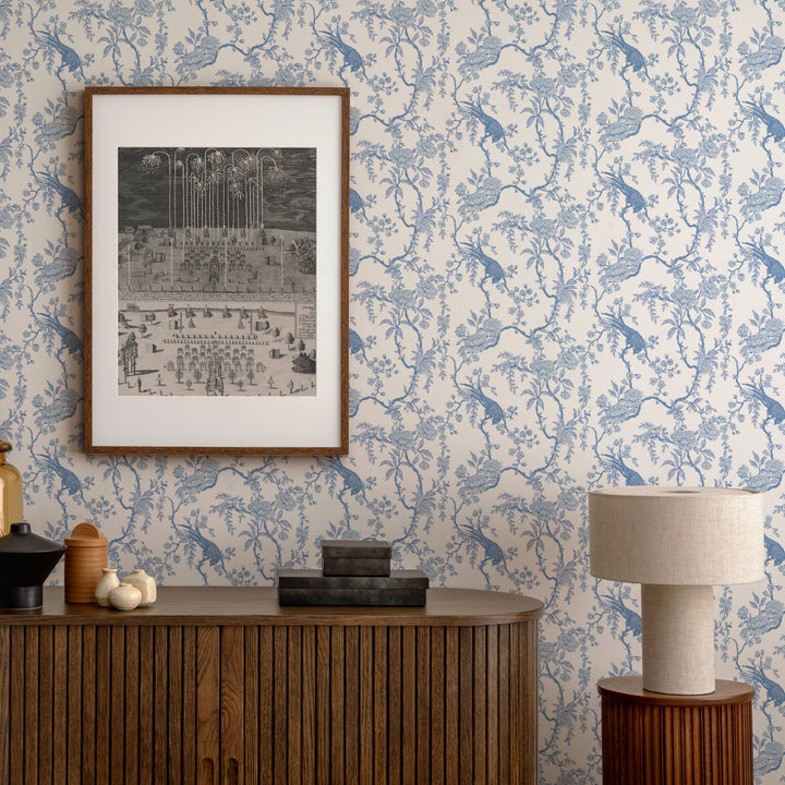 Floral Bird Toile - Blue Wallpaper