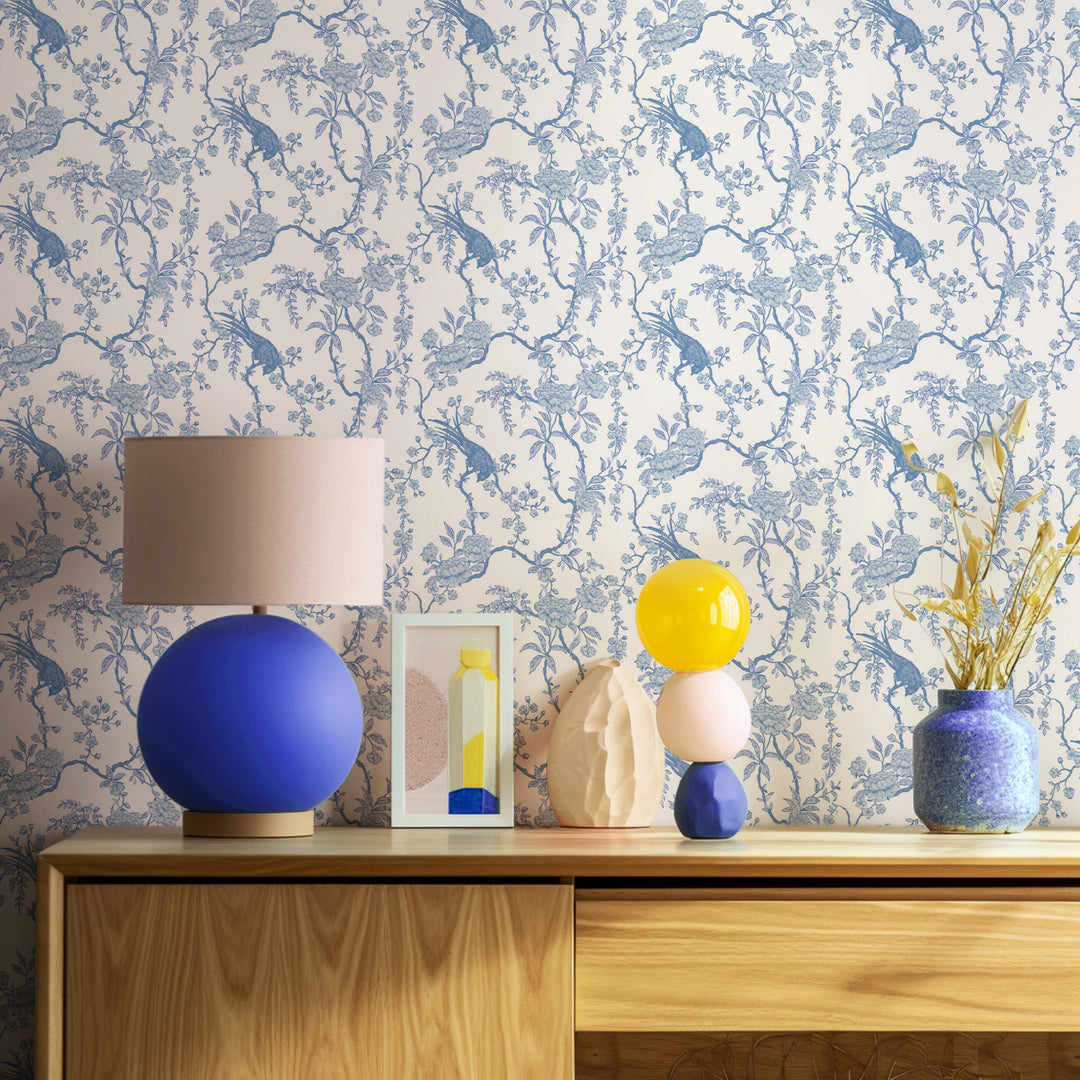 Floral Bird Toile - Blue Wallpaper