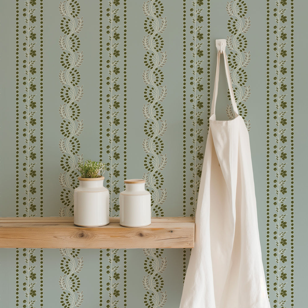 Botanic Stripe - Ash Blue Floral Wallpaper