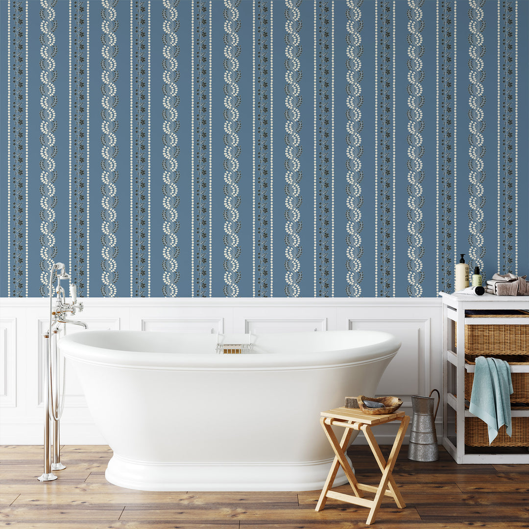 Botanic Stripe - Blue Salt Floral Wallpaper