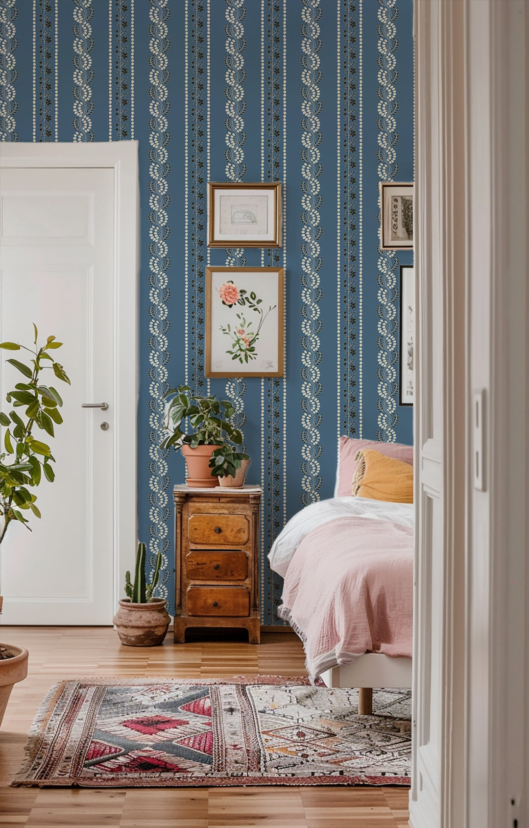 Botanic Stripe - Blue Salt Floral Wallpaper