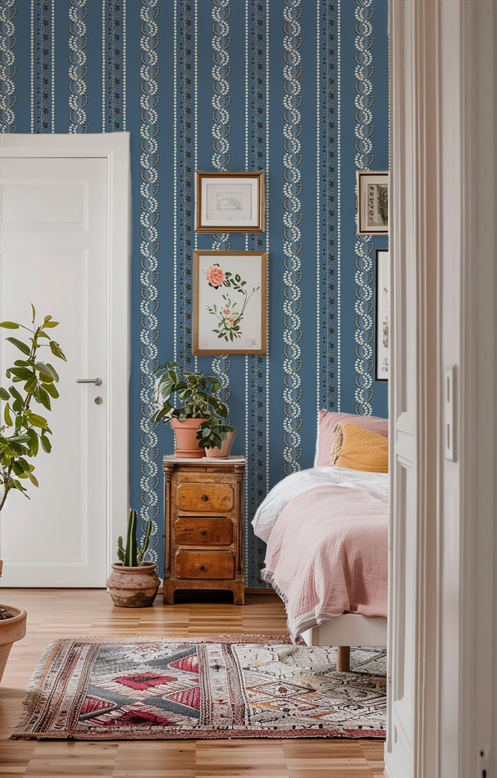 Botanic Stripe - Blue Salt Floral Wallpaper