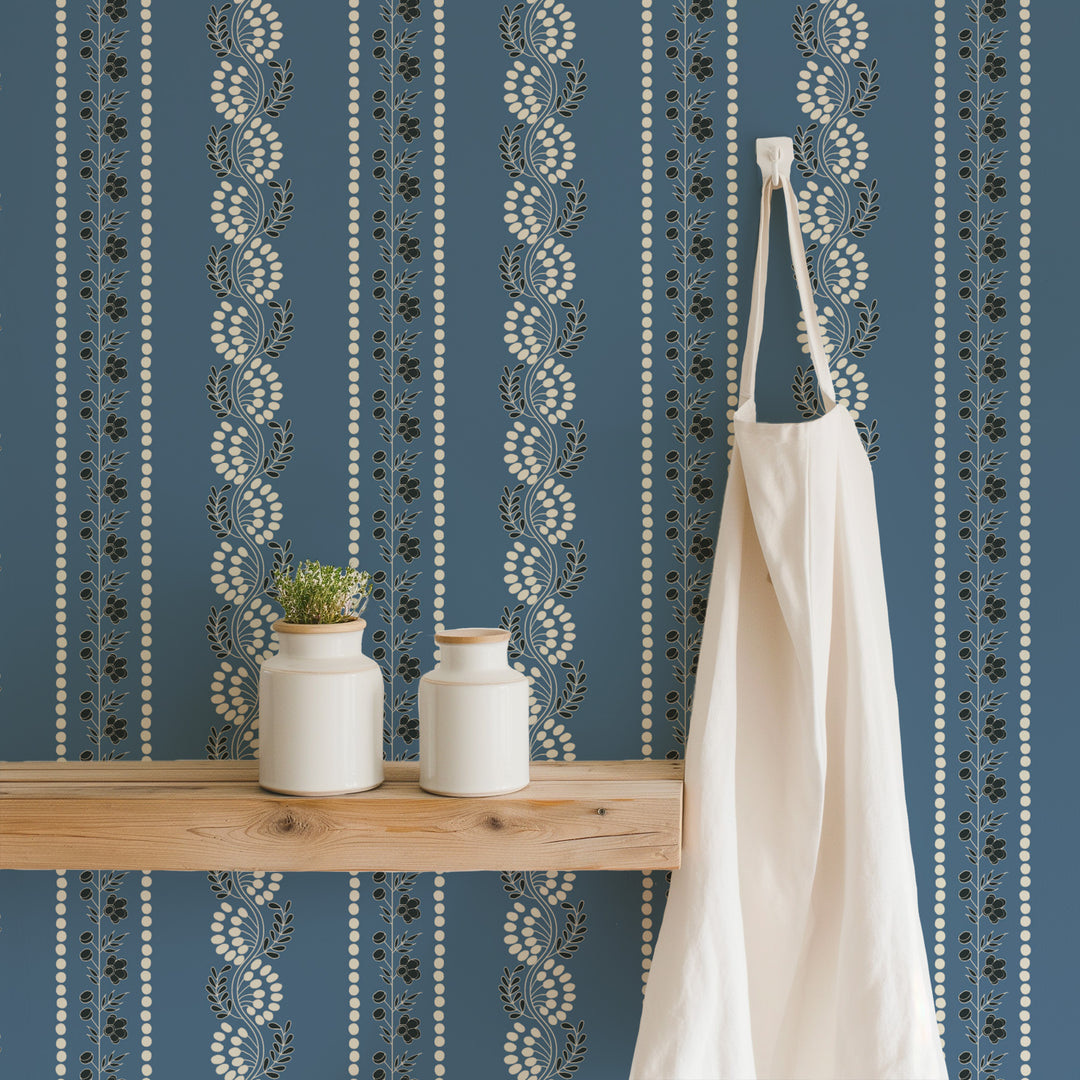 Botanic Stripe - Blue Salt Floral Wallpaper