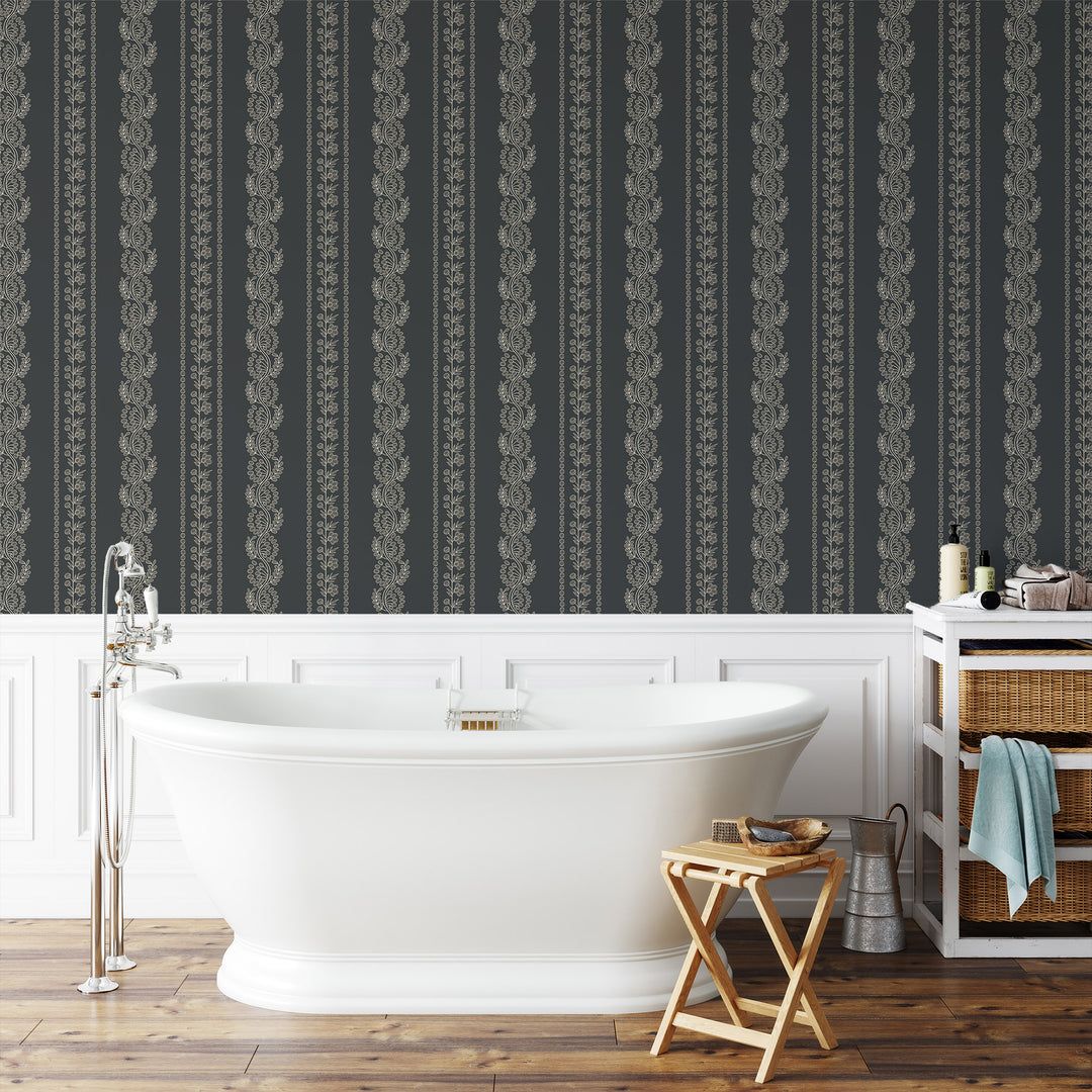 Botanic Stripe - Soot Black Floral Wallpaper