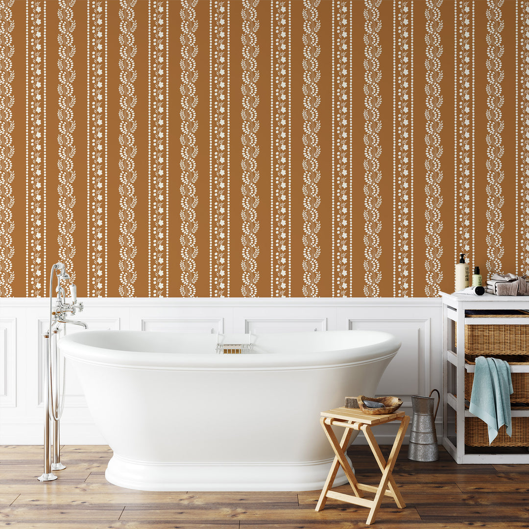 Botanic Stripe - Terracotta Floral Wallpaper