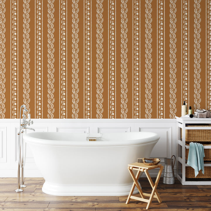 Botanic Stripe - Terracotta Floral Wallpaper