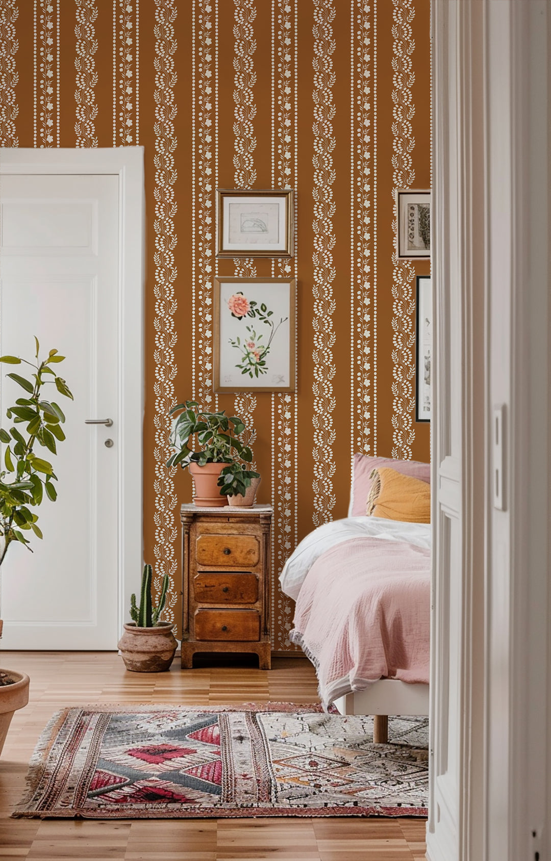 Botanic Stripe - Terracotta Floral Wallpaper