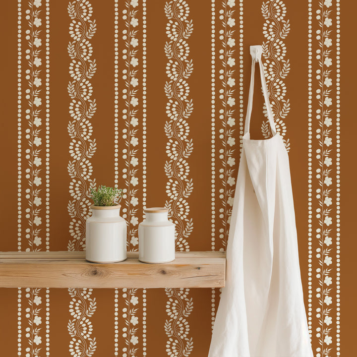 Botanic Stripe - Terracotta Floral Wallpaper