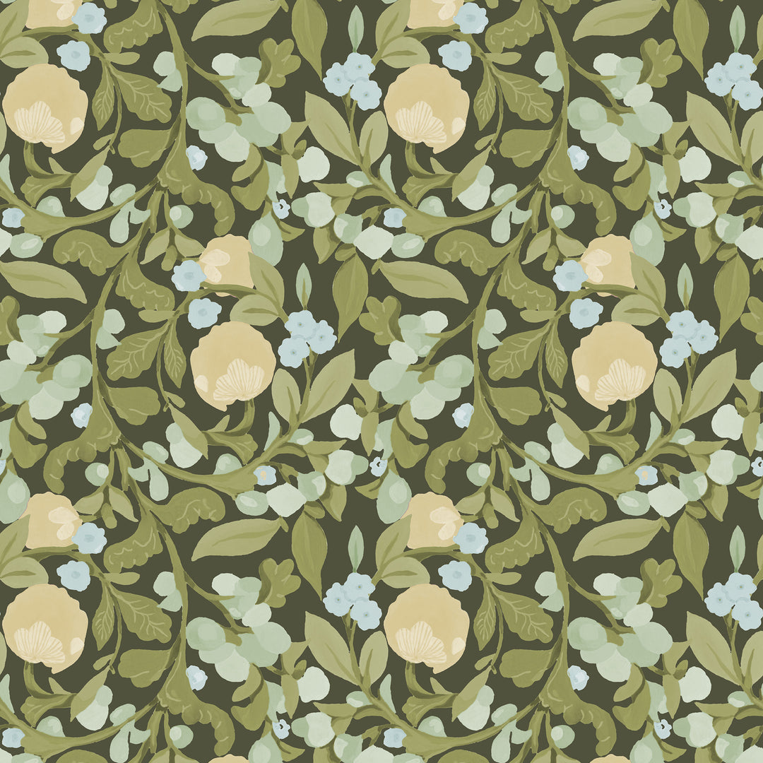 Budding Grove - Deep Olive Floral Wallpaper