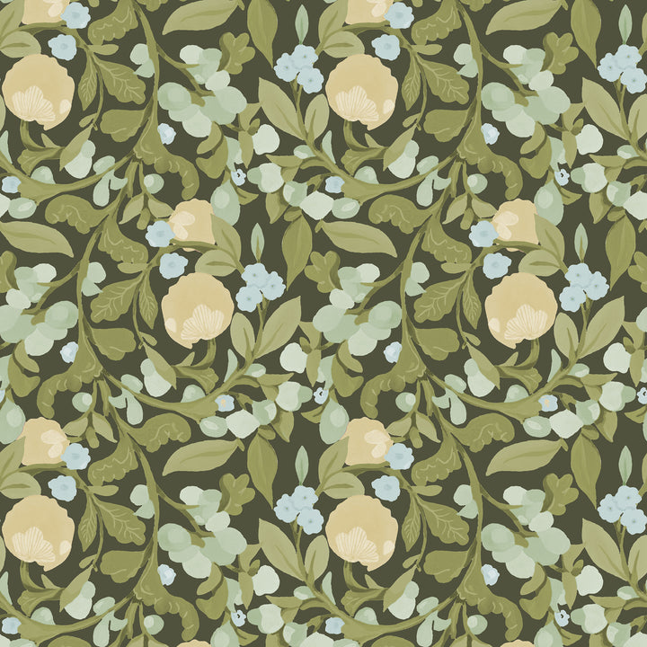 Budding Grove - Deep Olive Floral Wallpaper