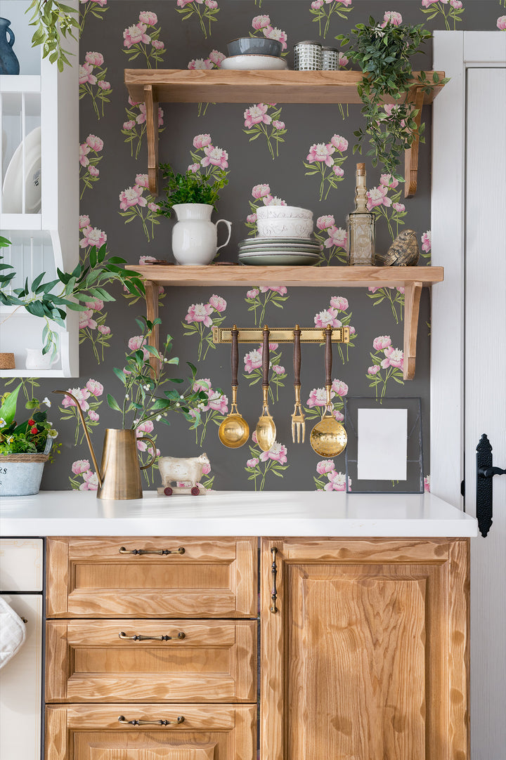 Peony Bouquet - Gray Floral Wallpaper by Cara's Garden