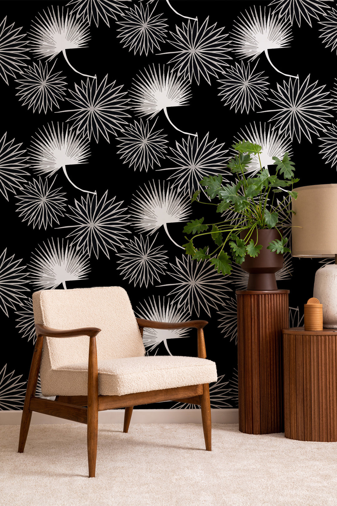 Cabbage Palm - Black Floral Wallpaper by Bohemian Bungalow