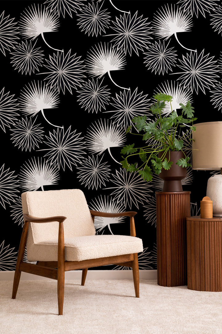 Cabbage Palm - Black Floral Wallpaper by Bohemian Bungalow