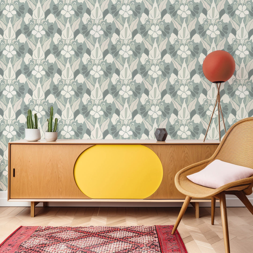 Dragon Flower - Ash Blue Floral Wallpaper