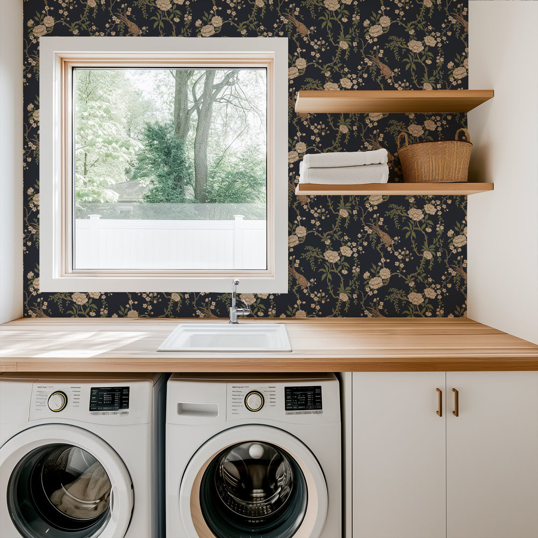 Floral Bird Toile - Black Wallpaper