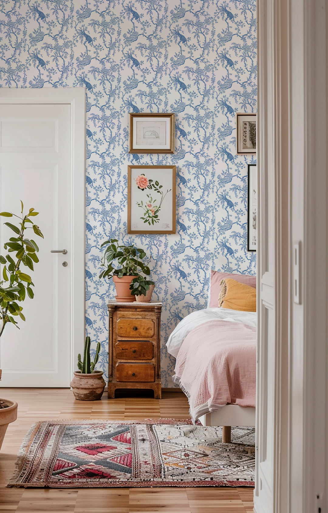 Floral Bird Toile - Blue Wallpaper