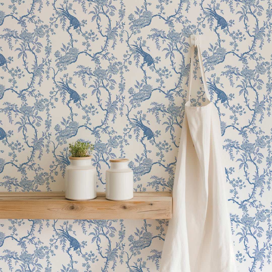Floral Bird Toile - Blue Wallpaper