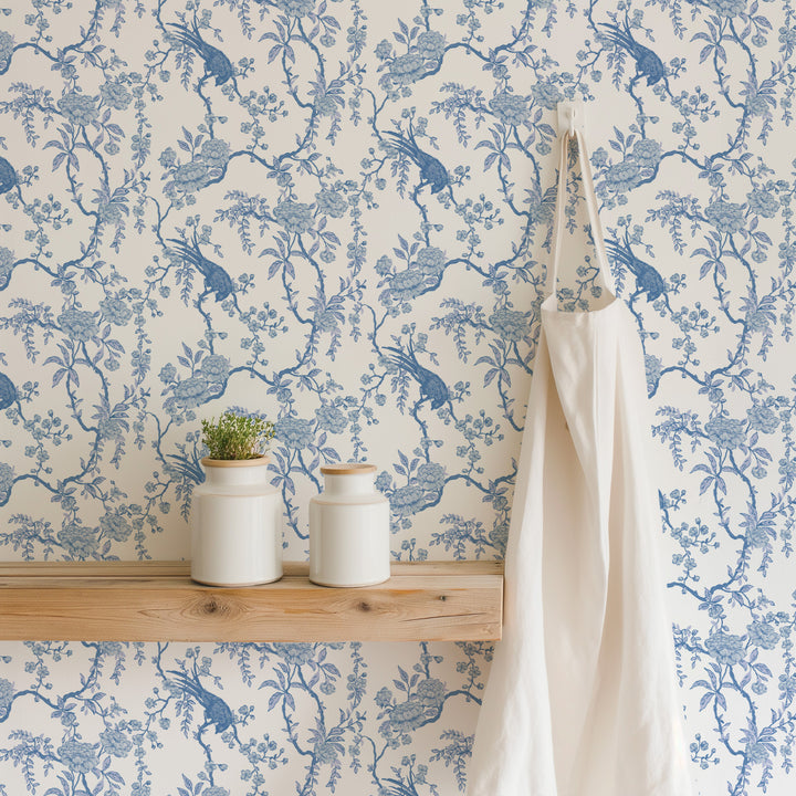 Floral Bird Toile - Blue Wallpaper