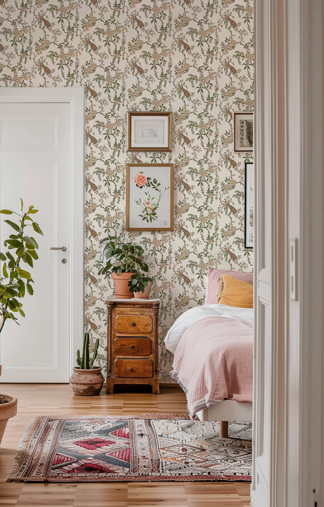 Floral Bird Toile - Brown Wallpaper