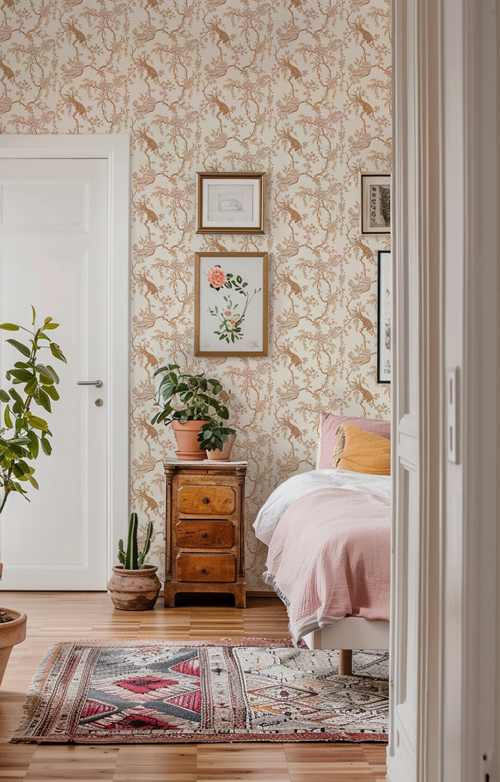 Floral Bird Toile - Cream Wallpaper