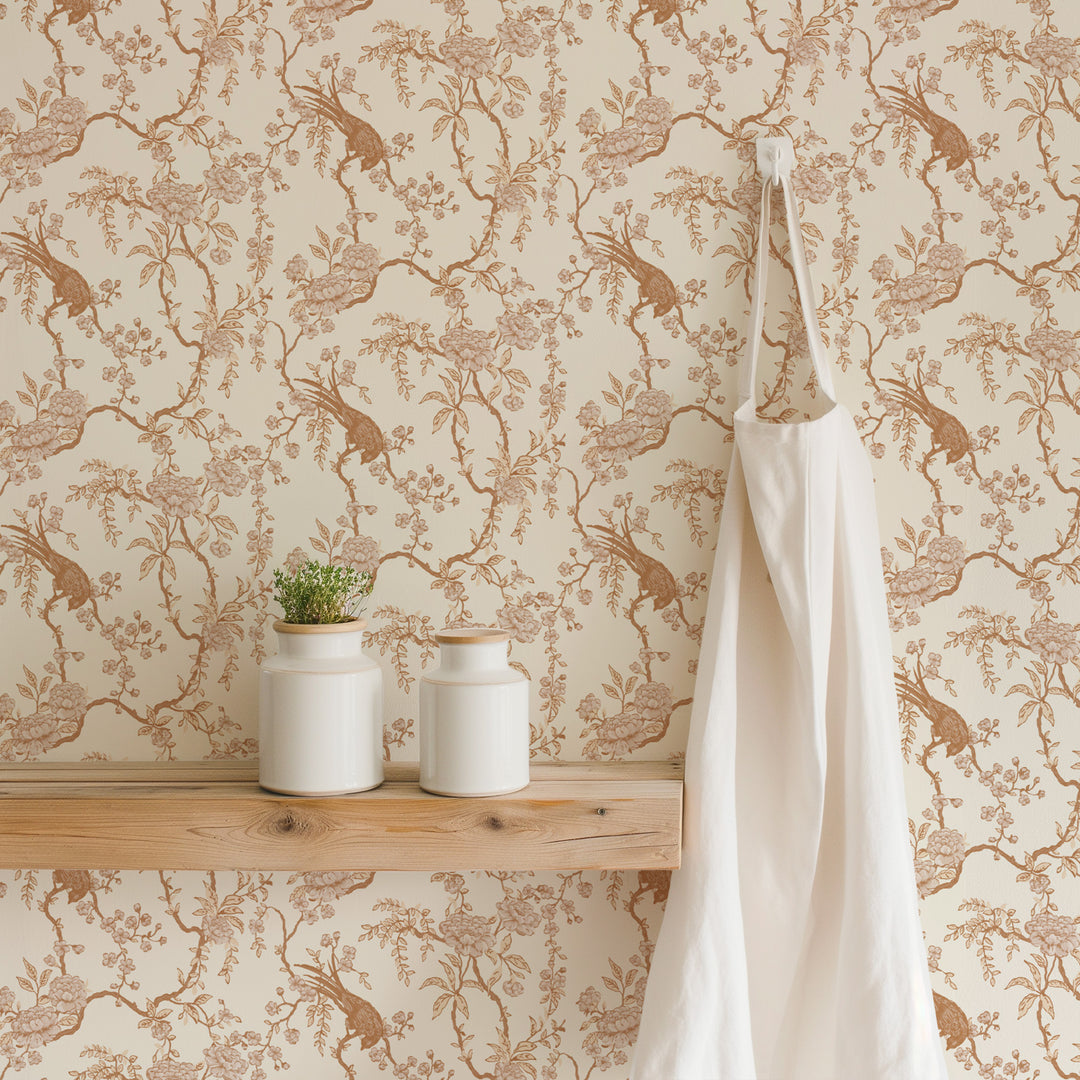 Floral Bird Toile - Cream Wallpaper