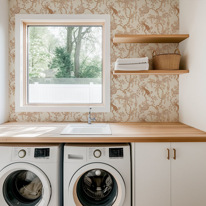 Floral Bird Toile - Cream Wallpaper