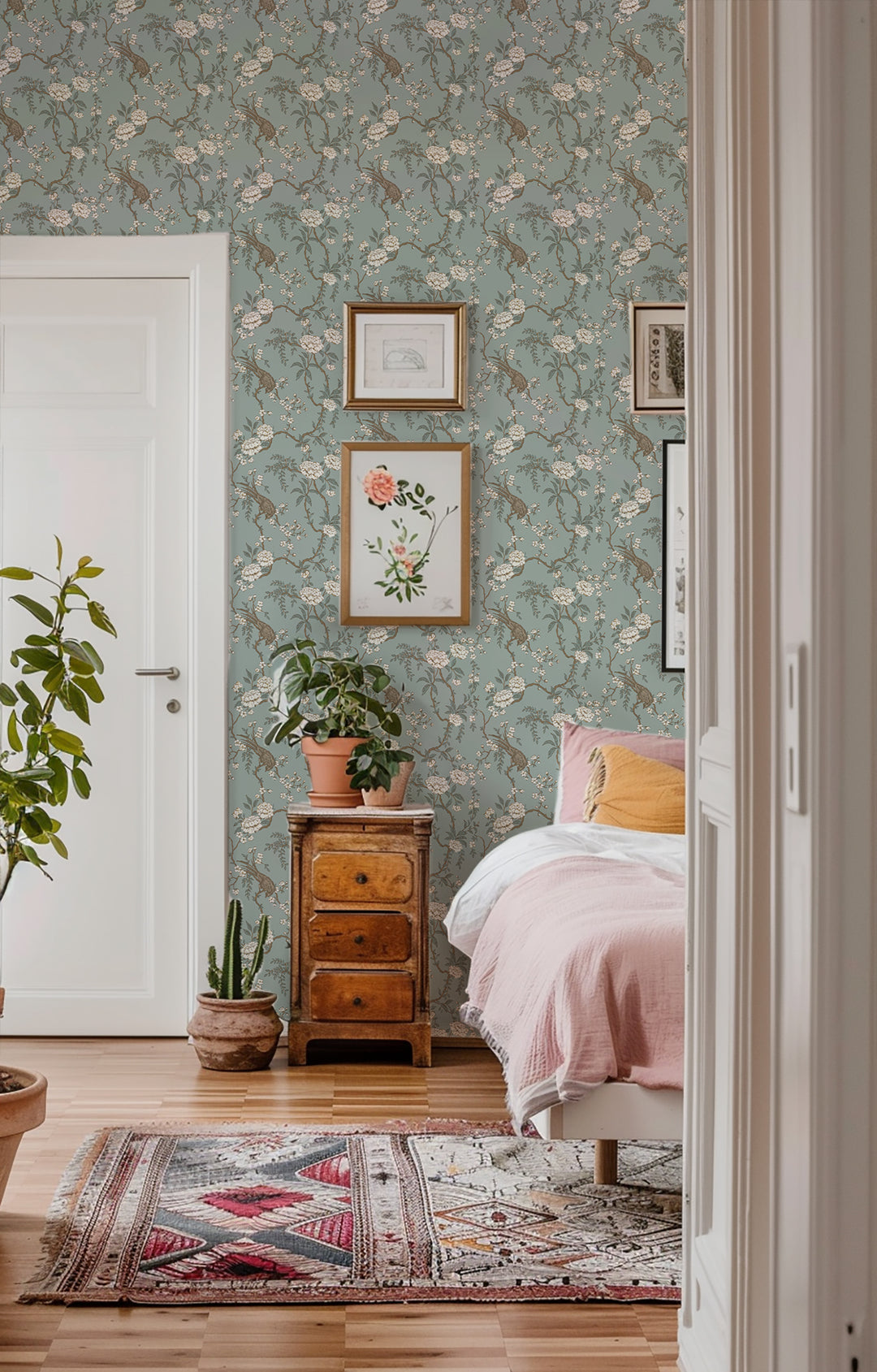 Floral Bird Toile - Light Blue Wallpaper