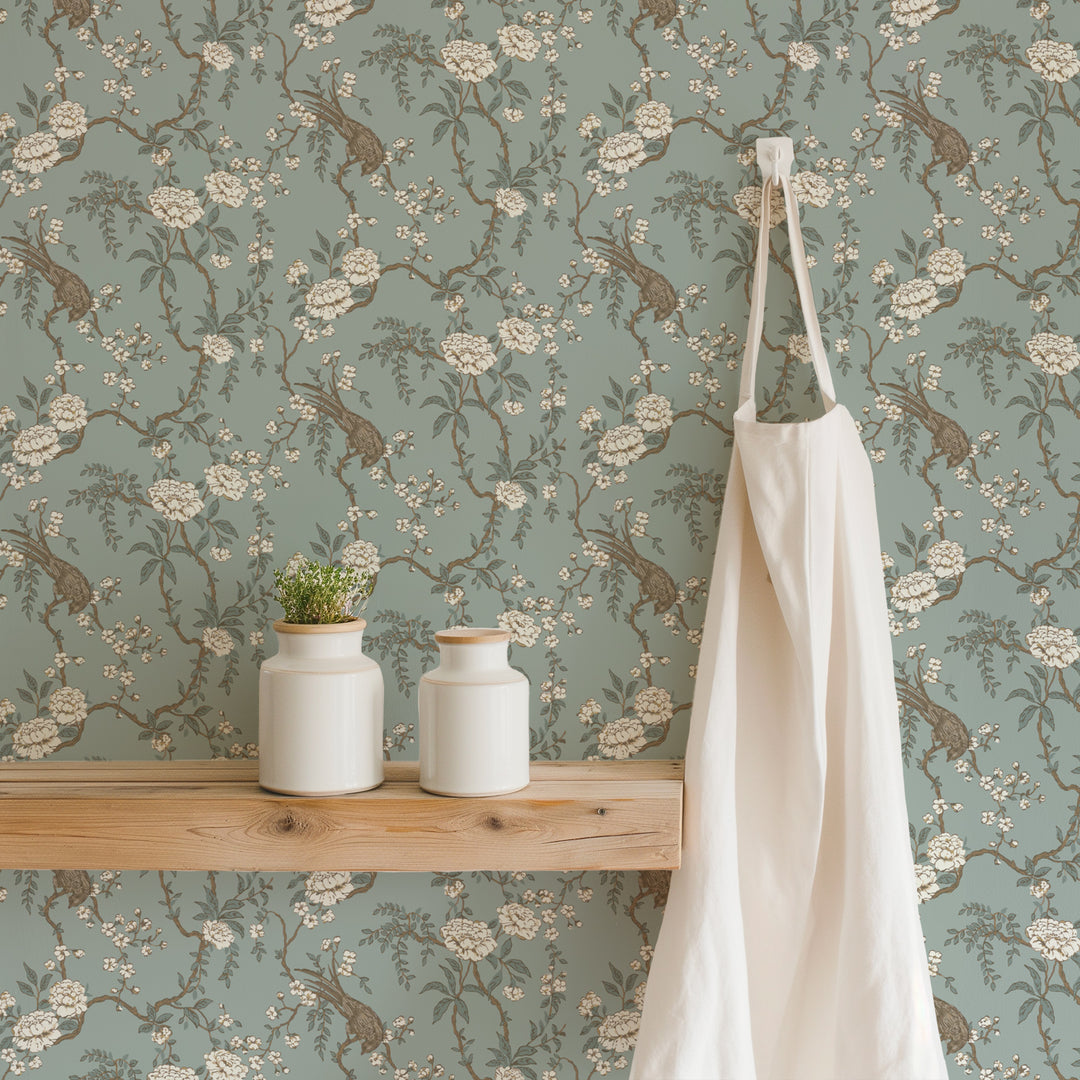 Floral Bird Toile - Light Blue Wallpaper