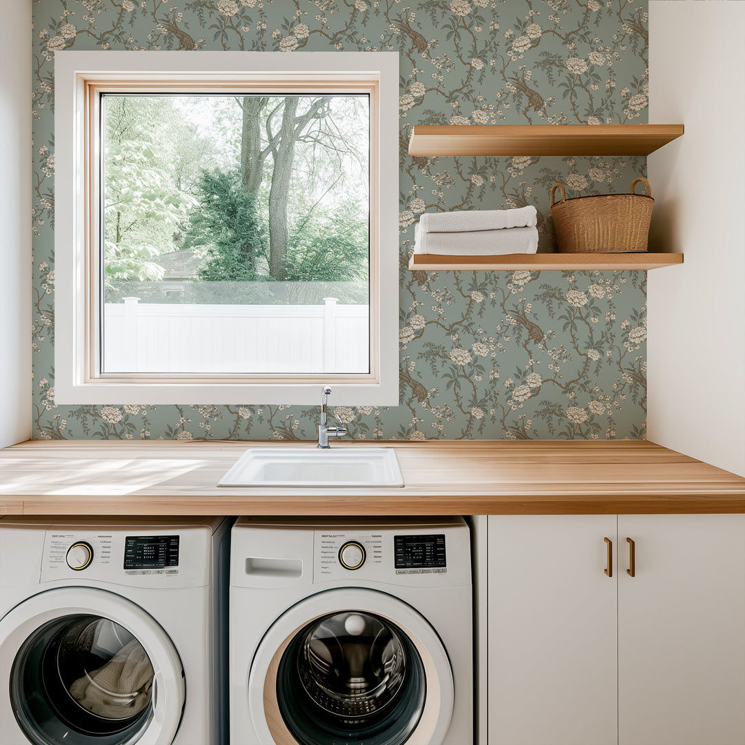 Floral Bird Toile - Light Blue Wallpaper