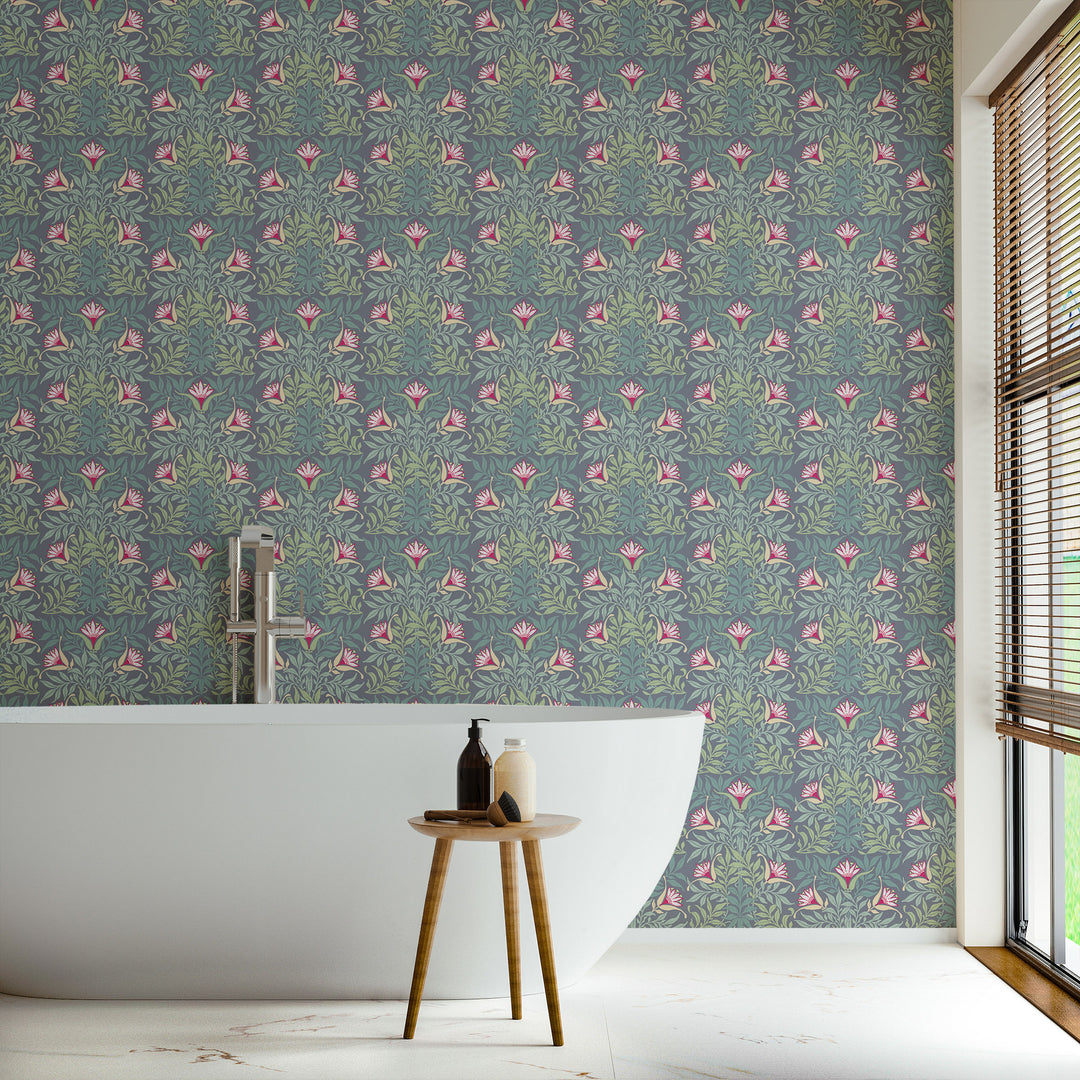 Floral Vine - Blue and Green Wallpaper