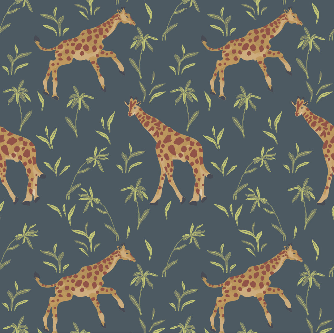 Gentle Giraffe - Denim Garden Wallpaper by Blessed Little Bungalow