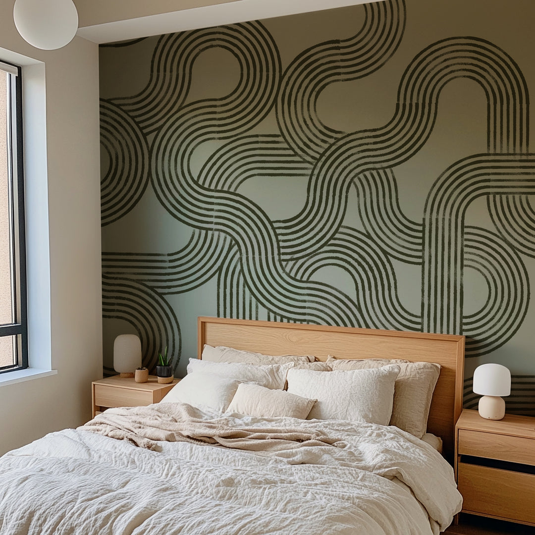 Looping Current Wall Mural - Olive Linen