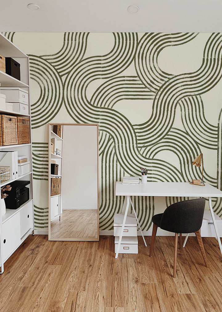 Looping Current Wall Mural - Olive Linen
