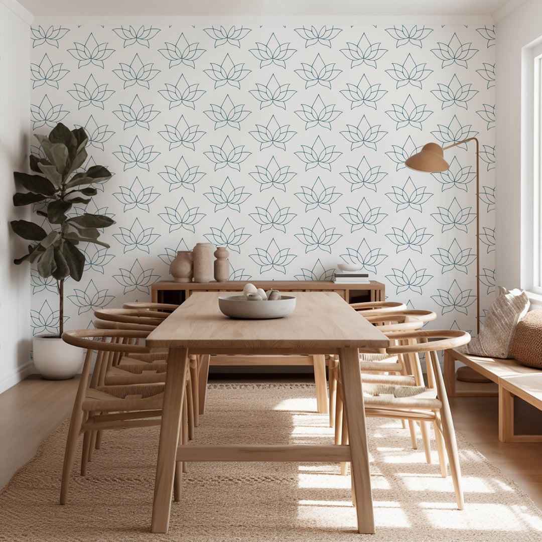 Lotus - Dusty Blue Floral Wallpaper by Bohemian Bungalow