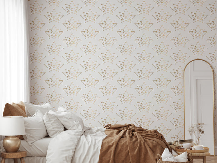 Lotus - Golden Taupe Floral Wallpaper by Bohemian Bungalow
