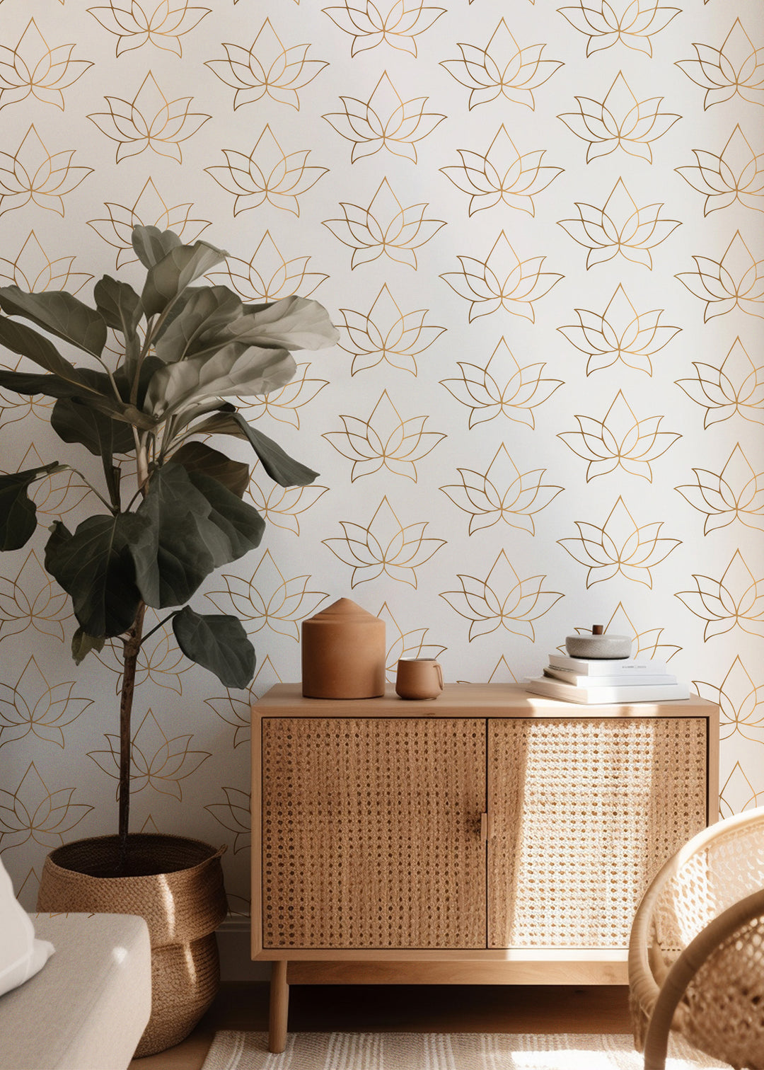 Lotus - Golden Taupe Floral Wallpaper by Bohemian Bungalow