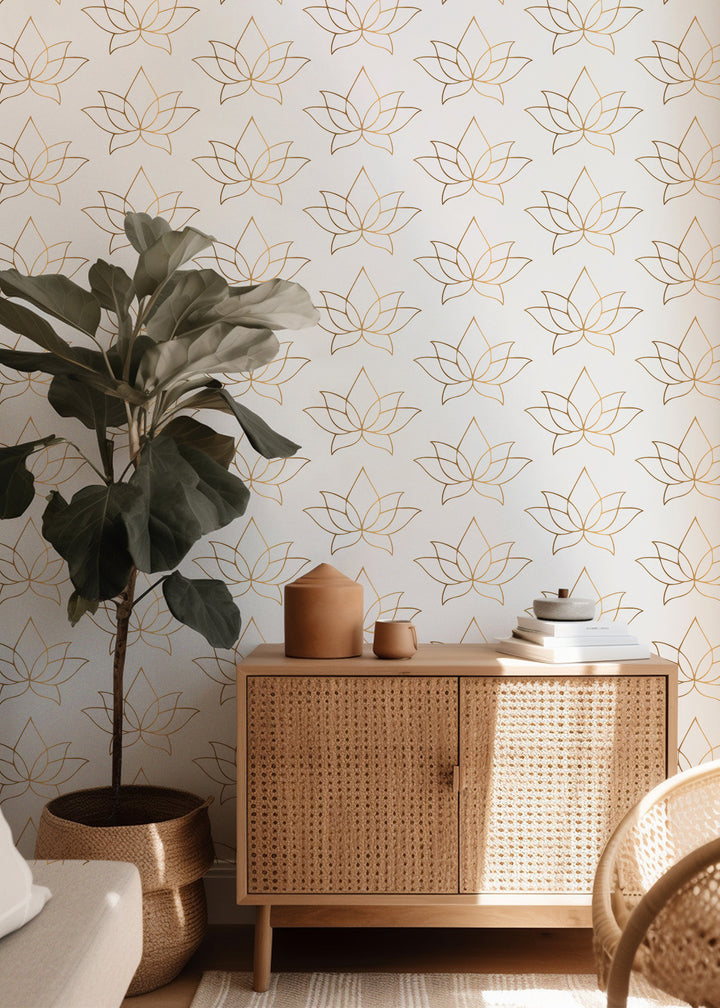 Lotus - Golden Taupe Floral Wallpaper by Bohemian Bungalow