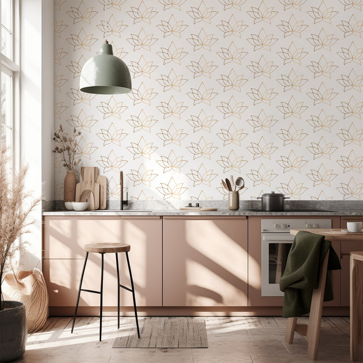 Lotus - Golden Taupe Floral Wallpaper by Bohemian Bungalow