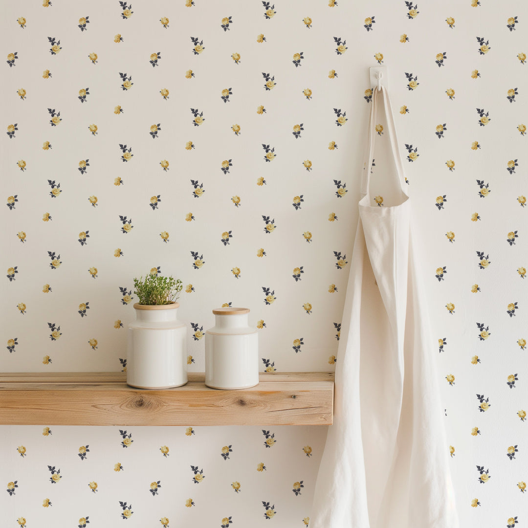 Miniature Roses - Gold Floral Wallpaper