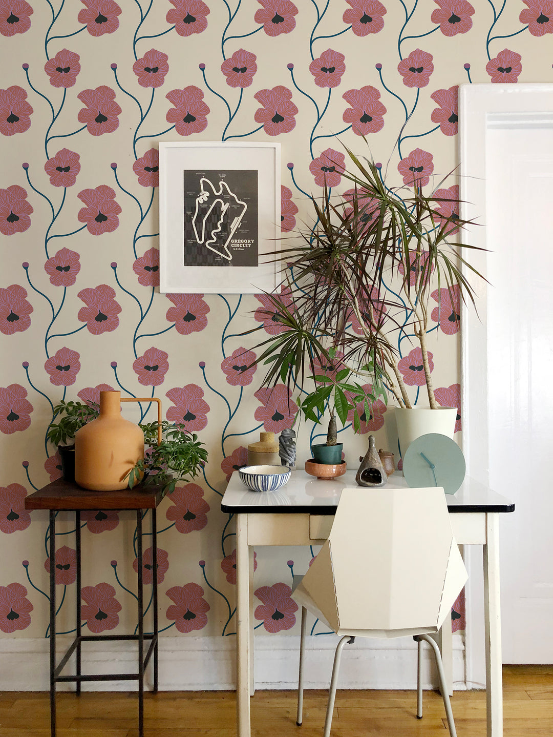 Flourish - Fuchsia Linen Floral Wallpaper by Natalie Papier