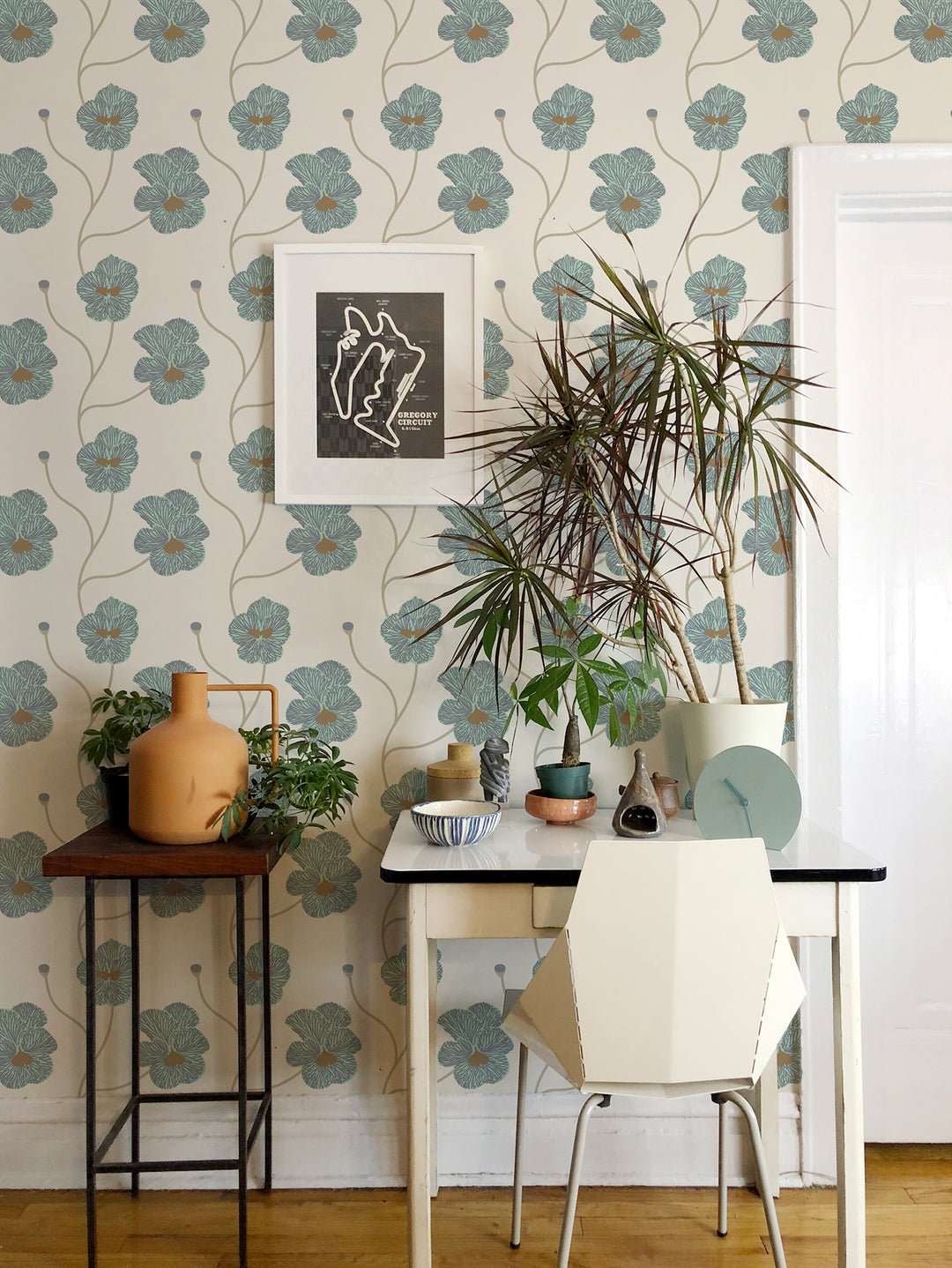 Flourish - Sunbleached Teal Floral Wallpaper by Natalie Papier