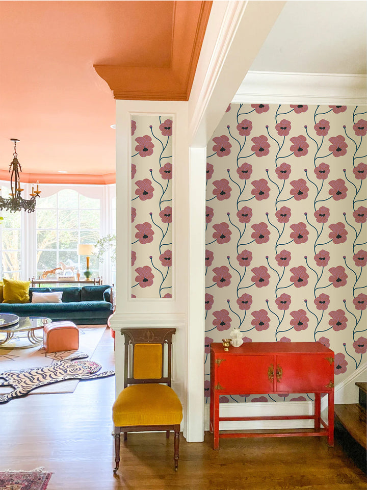 Flourish - Fuchsia Linen Floral Wallpaper by Natalie Papier